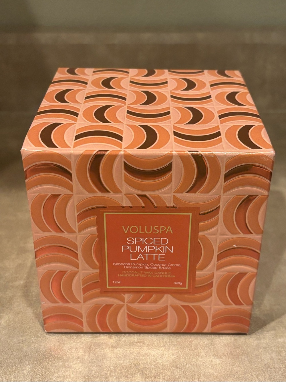 Voluspa Spiced Pumpkin Latte Candle - Peach and Brown Pattern